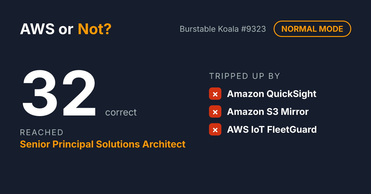 I scored 32 on AWS or Not? (Normal mode) and reached Senior Principal Solutions Architect. Can you tell real AWS services from made-up ones?