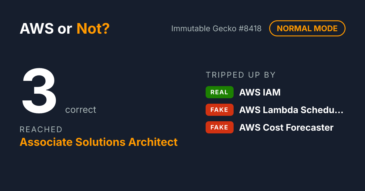 I scored 3 on AWS or Not? (Normal mode) and reached Associate Solutions Architect. Can you tell real AWS services from made-up ones?