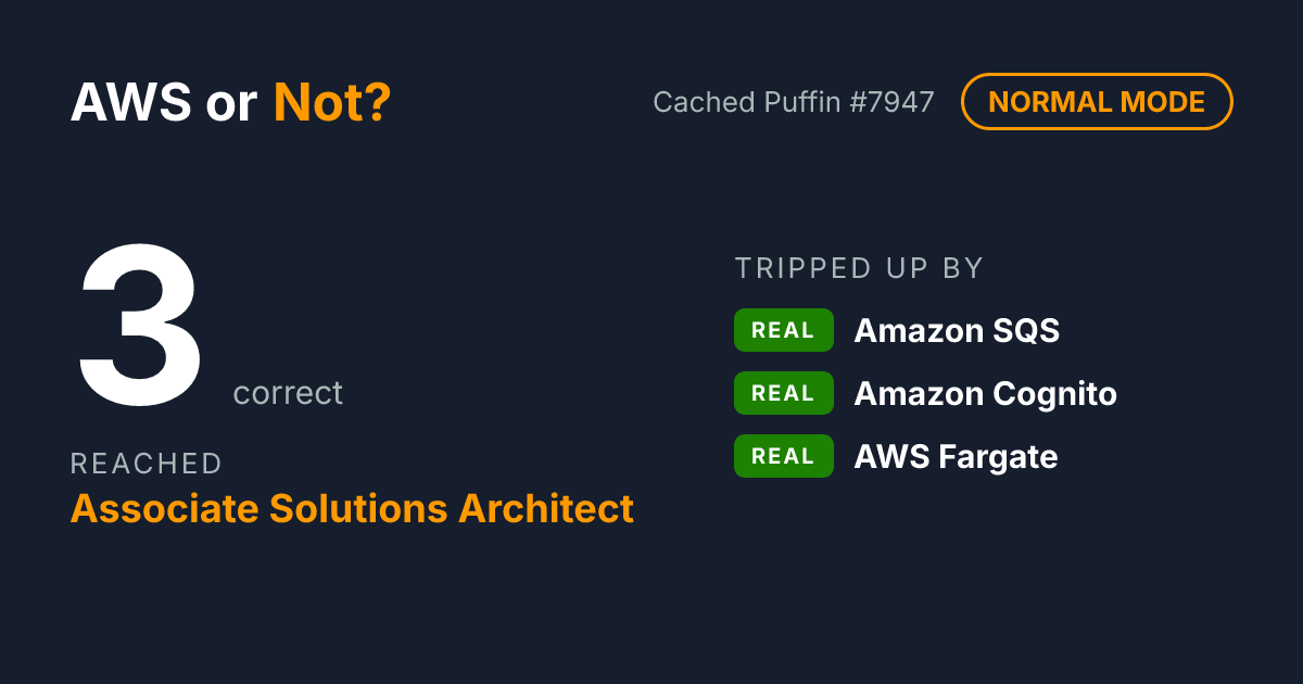 I scored 3 on AWS or Not? (Normal mode) and reached Associate Solutions Architect. Can you tell real AWS services from made-up ones?
